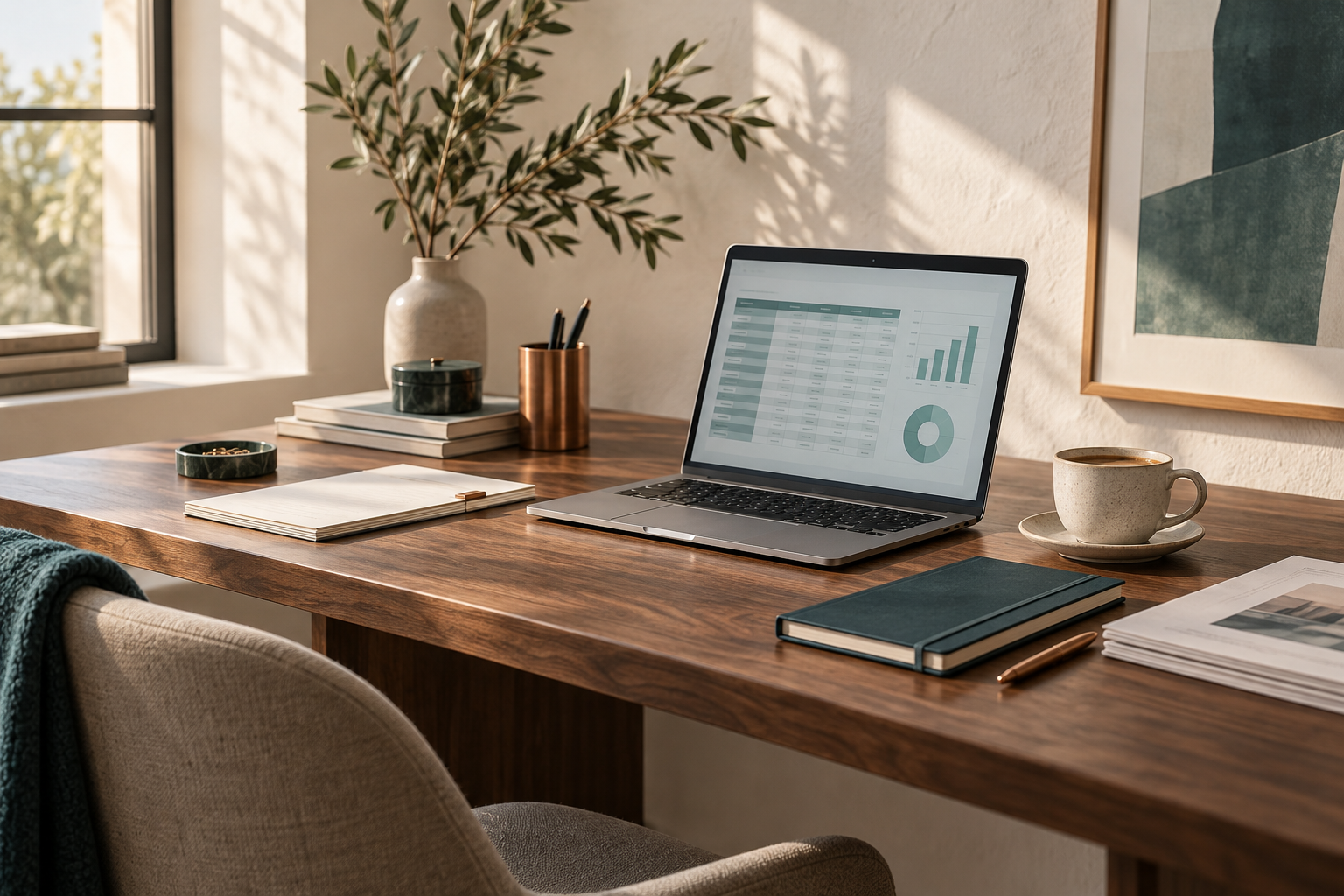 Illustrativer Arbeitsplatz mit Laptop und geordneten Unterlagen